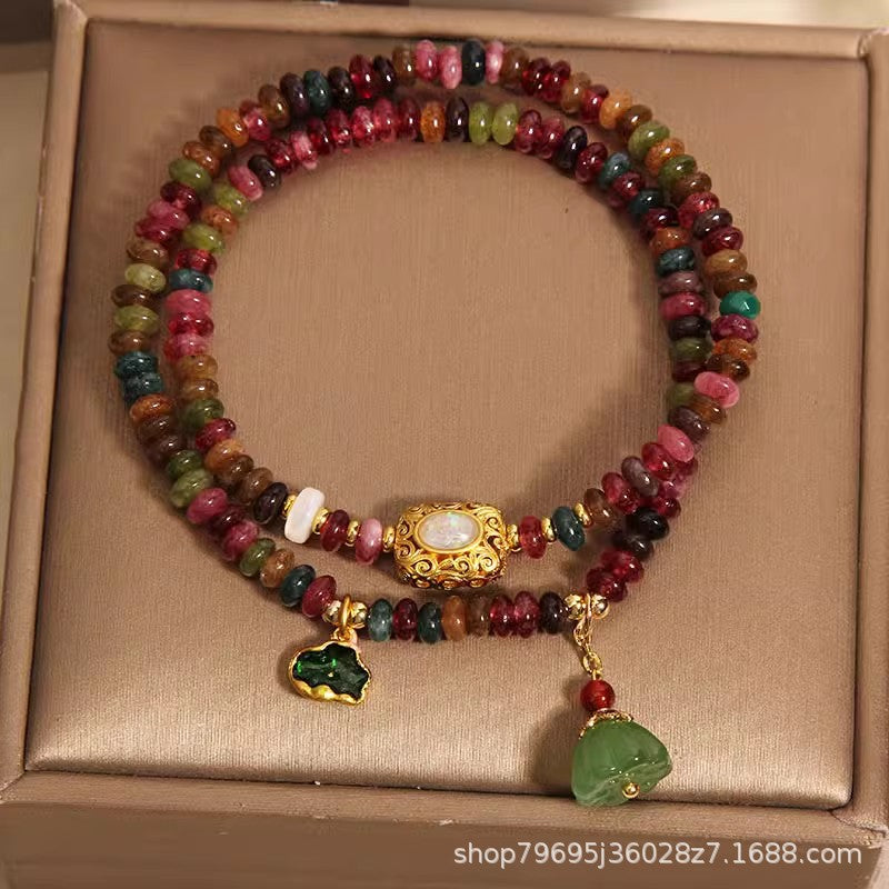 Rainbow tourmaline abacus beads double circle bracelet women's new Chinese light luxury niche delicate lotus leaves lotus pendant string