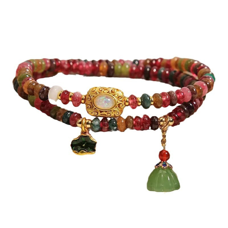 Rainbow tourmaline abacus beads double circle bracelet women's new Chinese light luxury niche delicate lotus leaves lotus pendant string