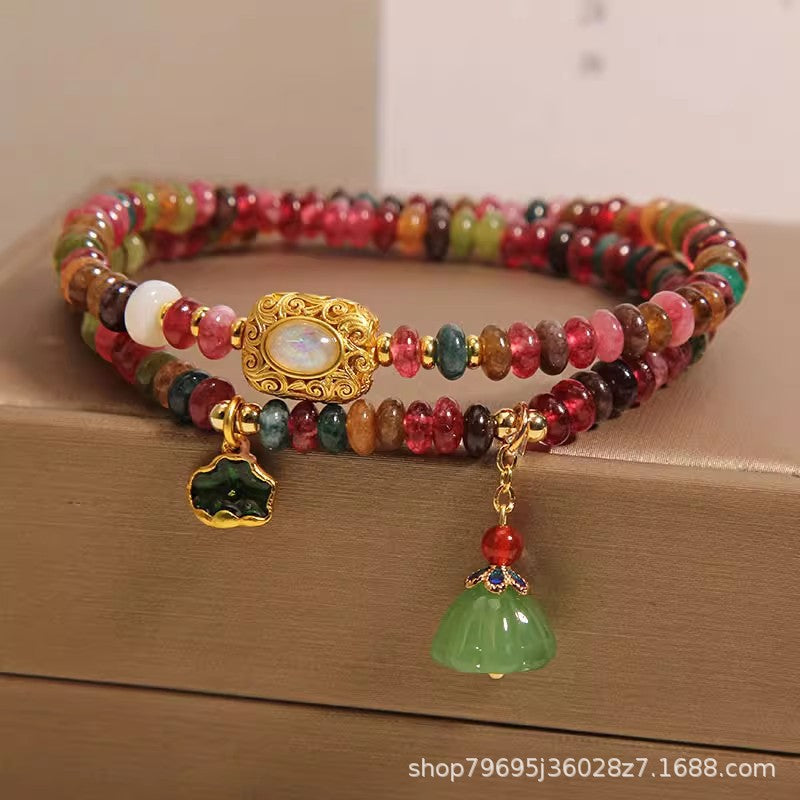 Rainbow tourmaline abacus beads double circle bracelet women's new Chinese light luxury niche delicate lotus leaves lotus pendant string