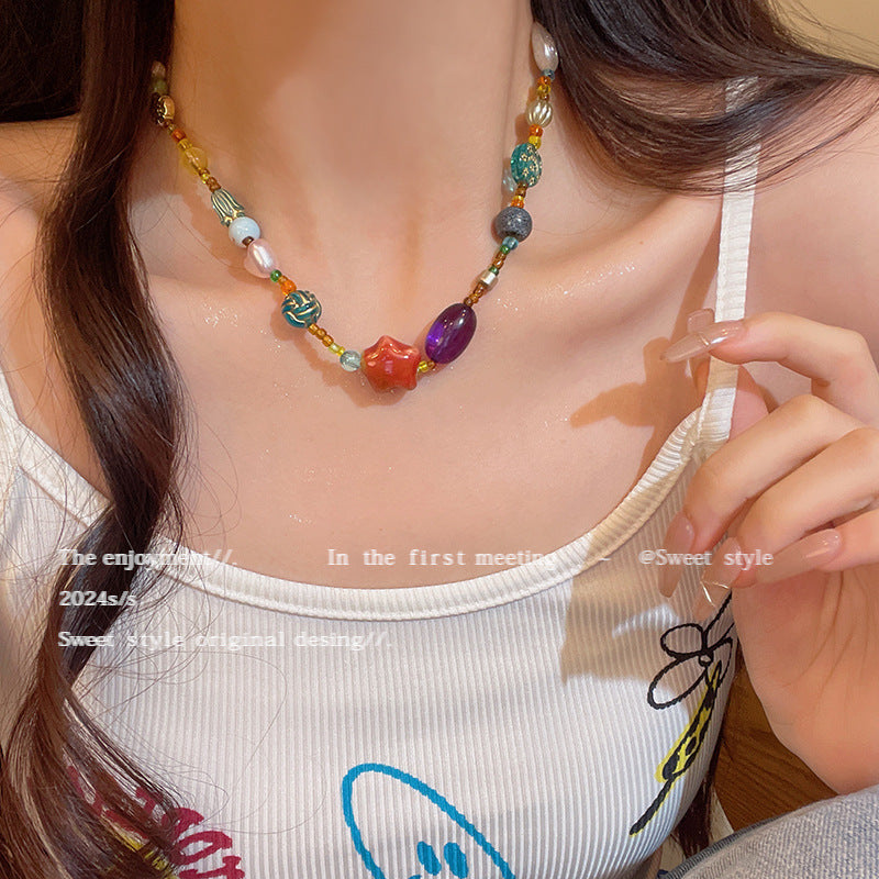 2025Dopamine color ceramic beaded necklace female ins wind sweet hundred temperament necklace senior sense of spicy girl accessories