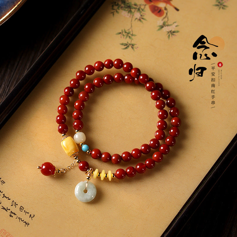 Vintage nanhong agate double circle string jade peace button pendant new Chinese national style beeswax hundred bracelet