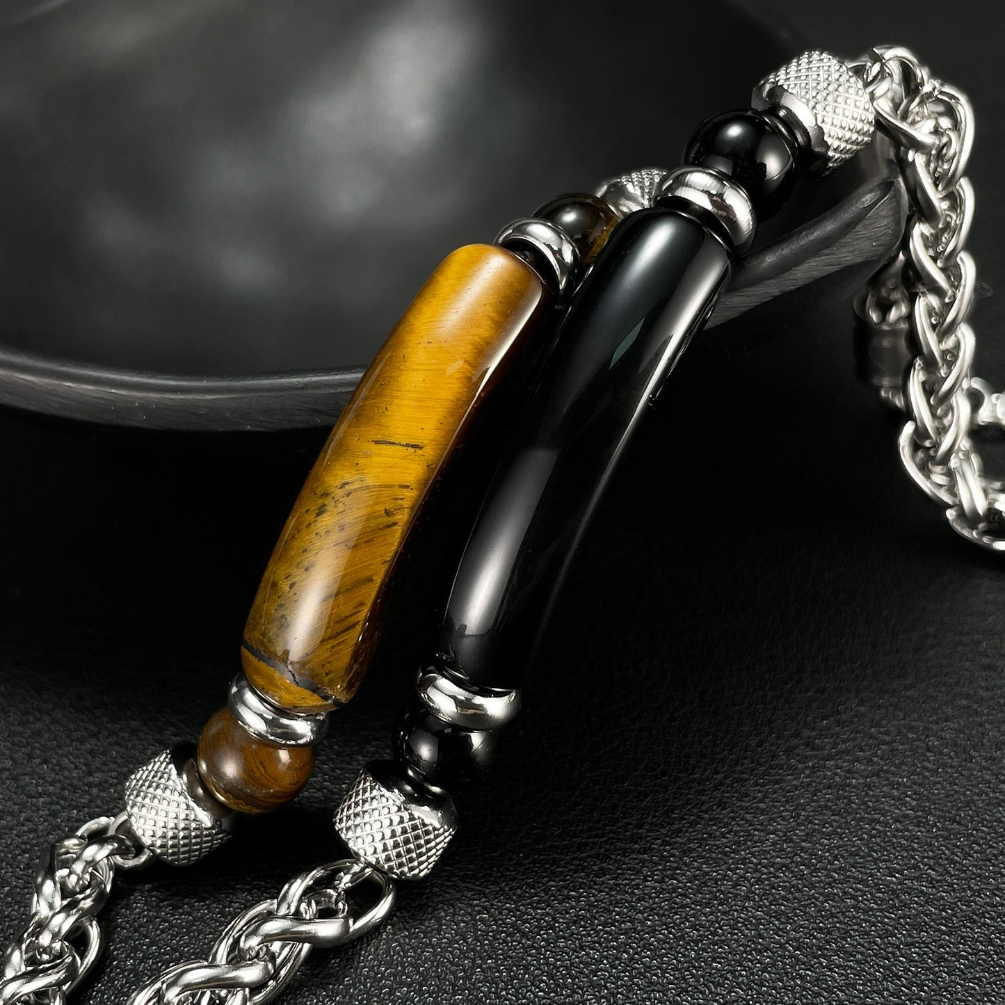 Fashion retro stainless steel chain splicing tiger eye stone titanium steel men's bracelet - Trendy Personalized Jewelry