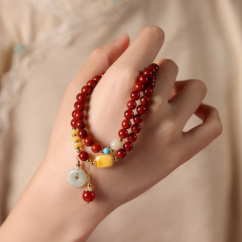 Vintage nanhong agate double circle string jade peace button pendant new Chinese national style beeswax hundred bracelet