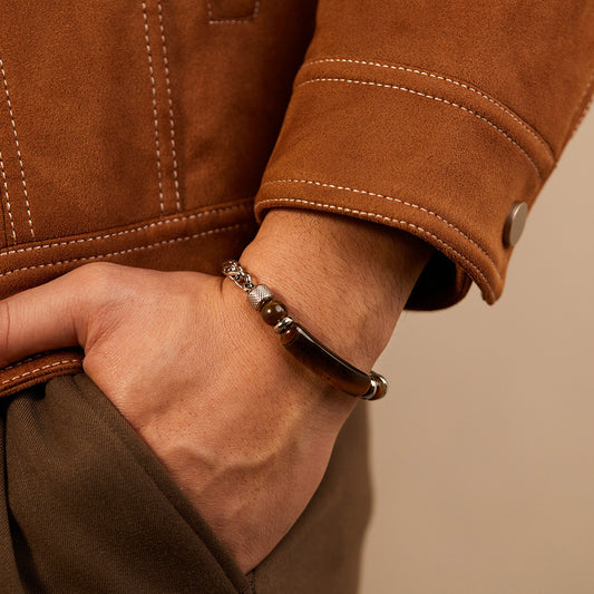 Fashion retro stainless steel chain splicing tiger eye stone titanium steel men's bracelet - Trendy Personalized Jewelry