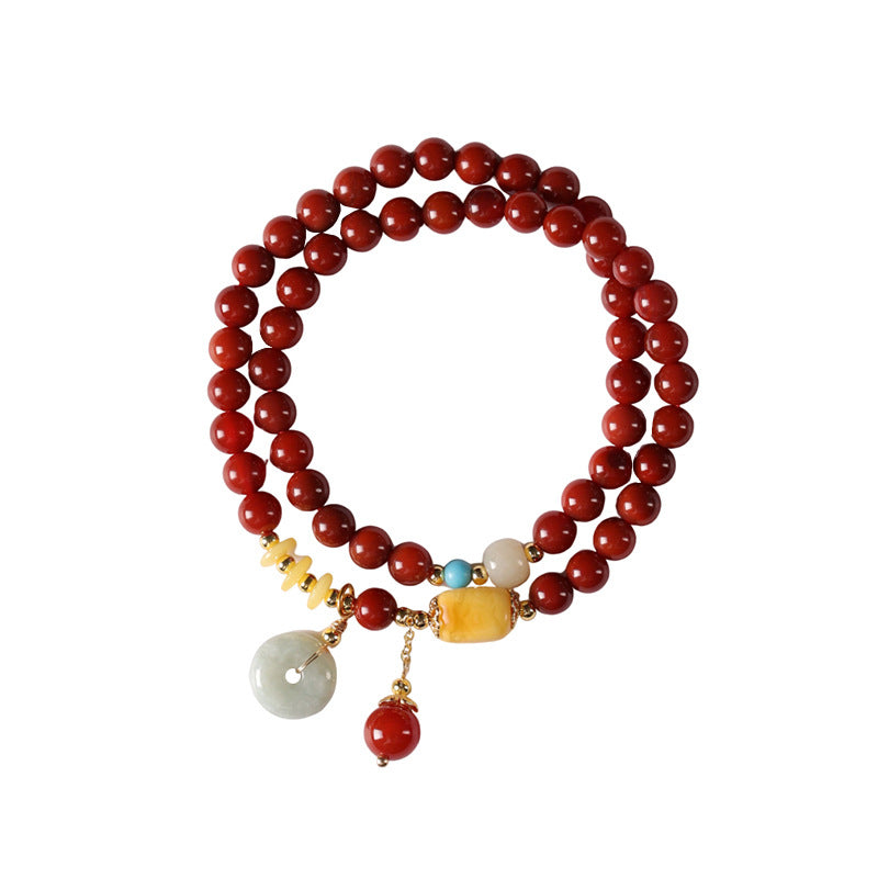 Vintage nanhong agate double circle string jade peace button pendant new Chinese national style beeswax hundred bracelet