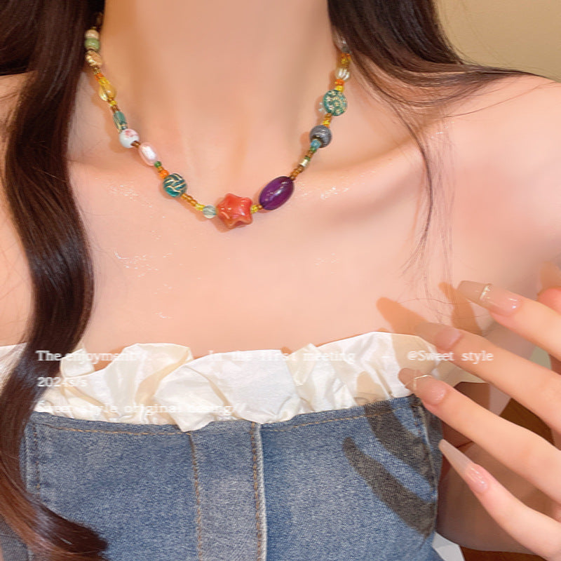 2025Dopamine color ceramic beaded necklace female ins wind sweet hundred temperament necklace senior sense of spicy girl accessories