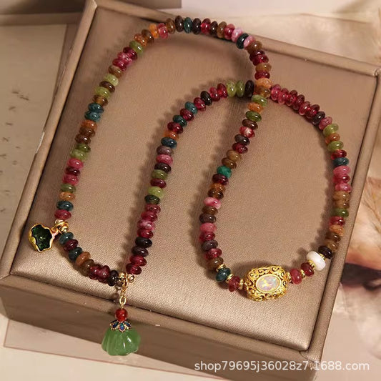 Rainbow tourmaline abacus beads double circle bracelet women's new Chinese light luxury niche delicate lotus leaves lotus pendant string