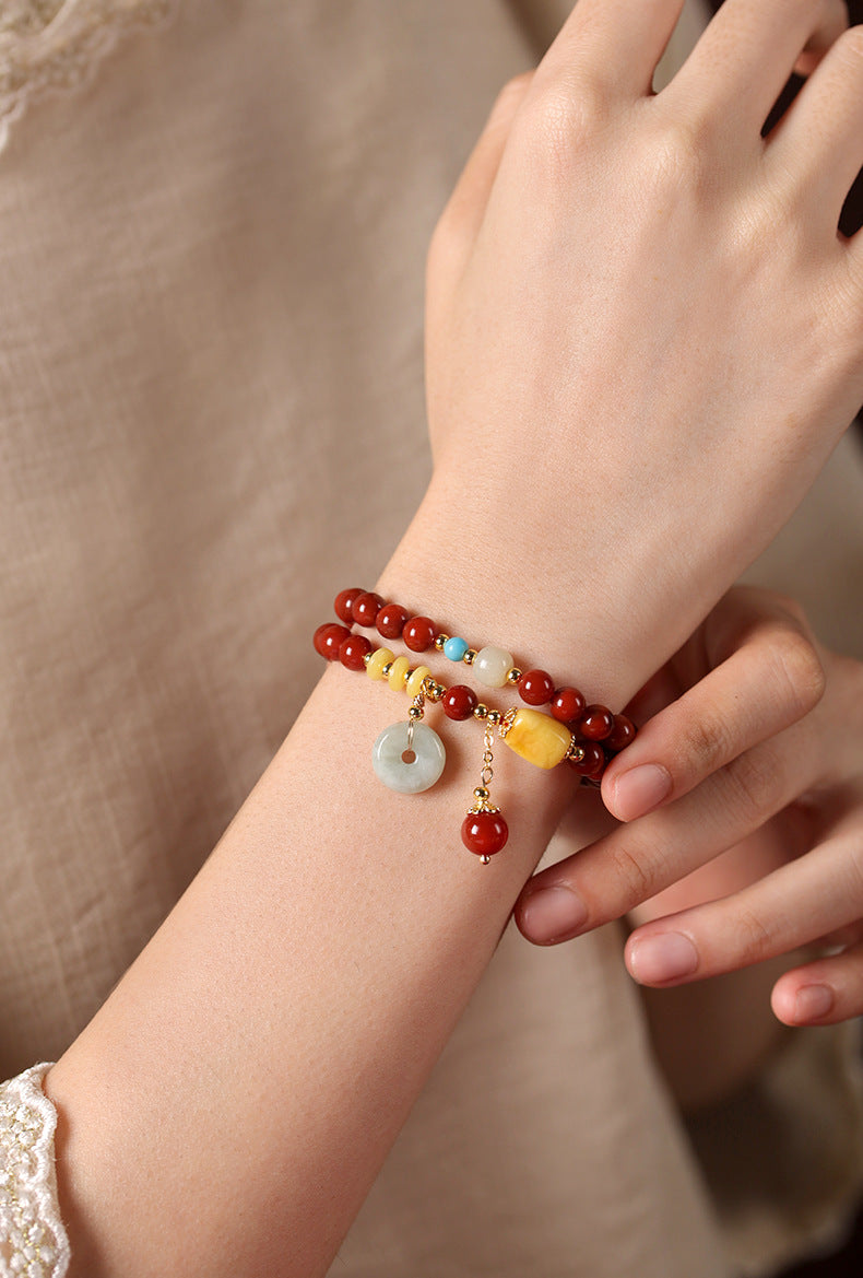 Vintage nanhong agate double circle string jade peace button pendant new Chinese national style beeswax hundred bracelet
