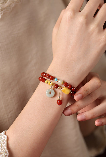 Vintage nanhong agate double circle string jade peace button pendant new Chinese national style beeswax hundred bracelet