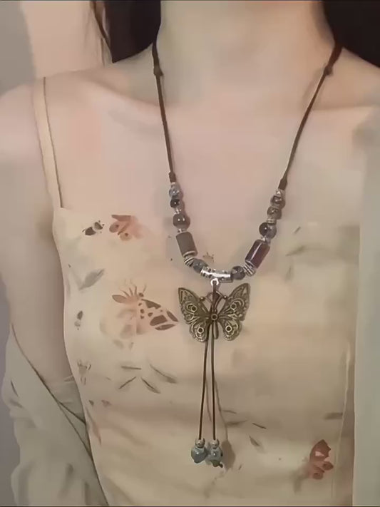 Vintage Ethnic Style Necklace New Chinese Ceramic Butterfly Colorful Long Beaded Necklace Bell Pendant Necklace